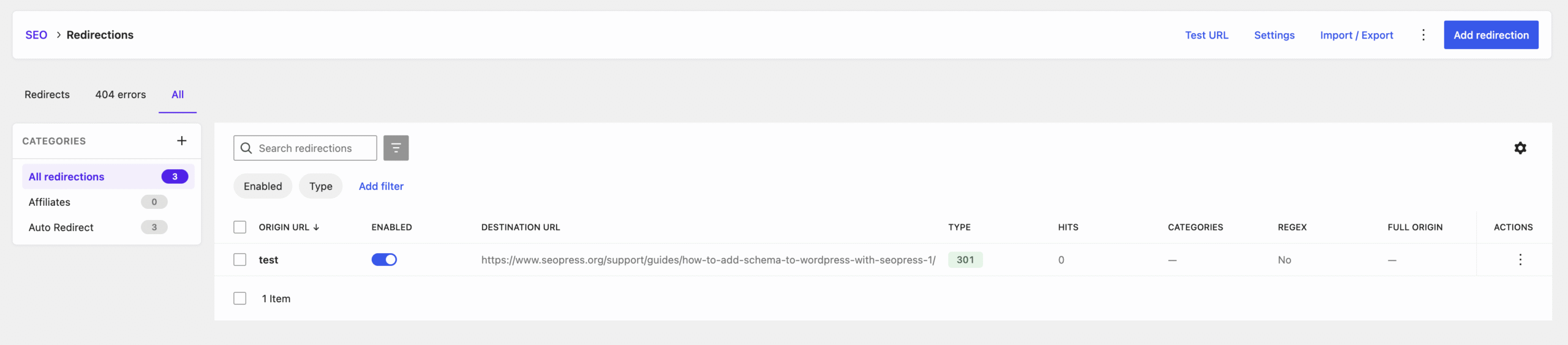 new SEOPress redirections screen
