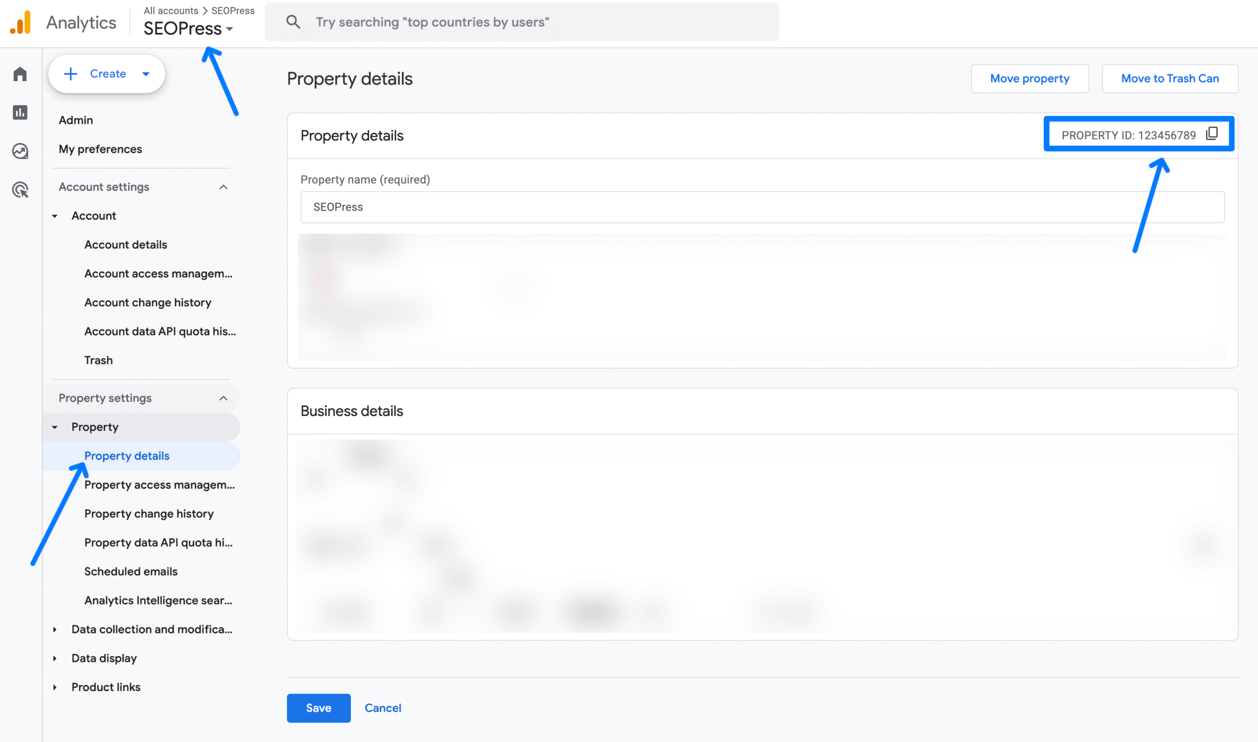 ID de propiedad del sitio web de Google Analytics