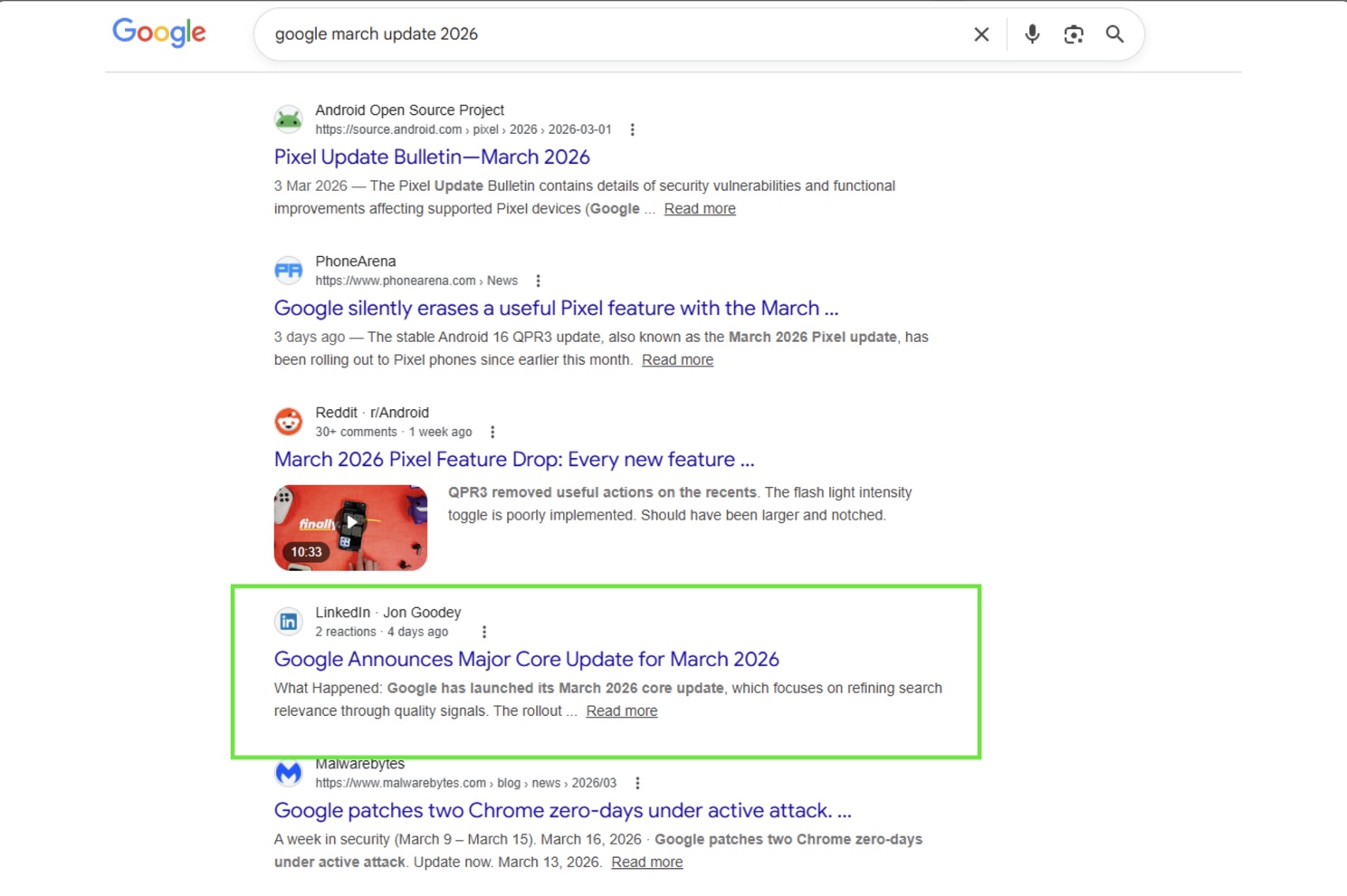 Google montrant la fausse Core Update le 16 mars