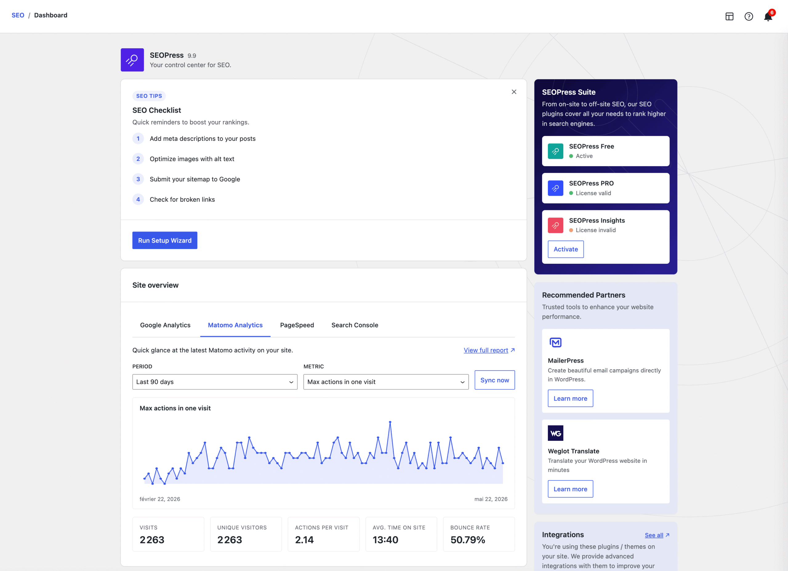 Notre tout nouveau tableau de bord SEOPress, construit avec des composants React natifs de WordPress.
