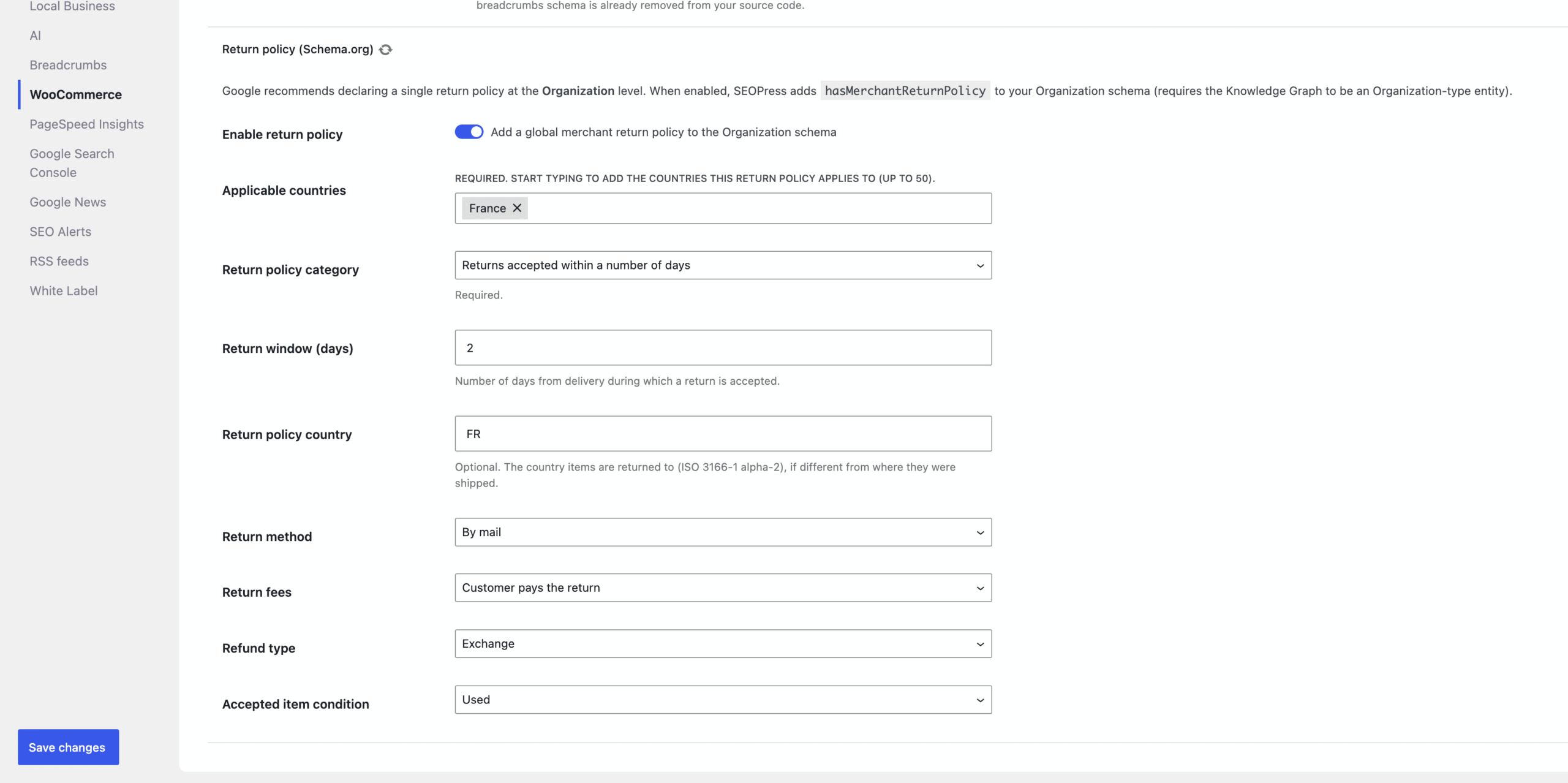 Paramètres de politique de retour pour WooCommerce – SEOPress PRO