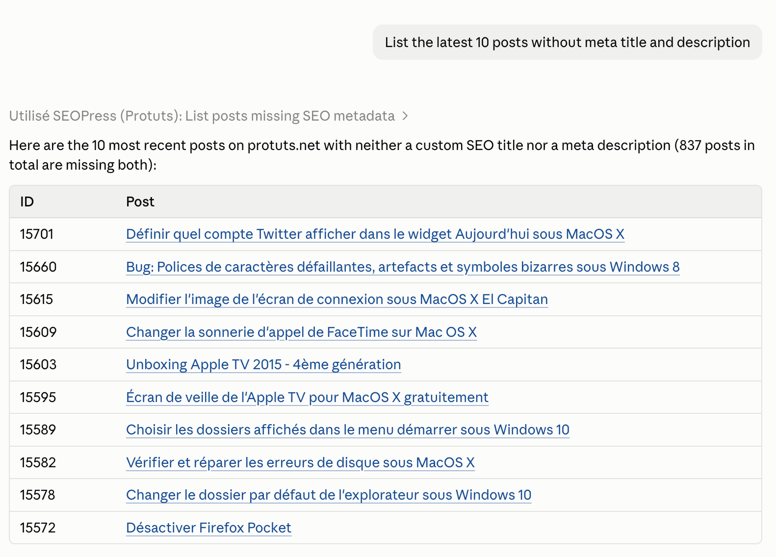 Juste un exemple de l'utilisation du MCP SEOPress avec Claude Desktop