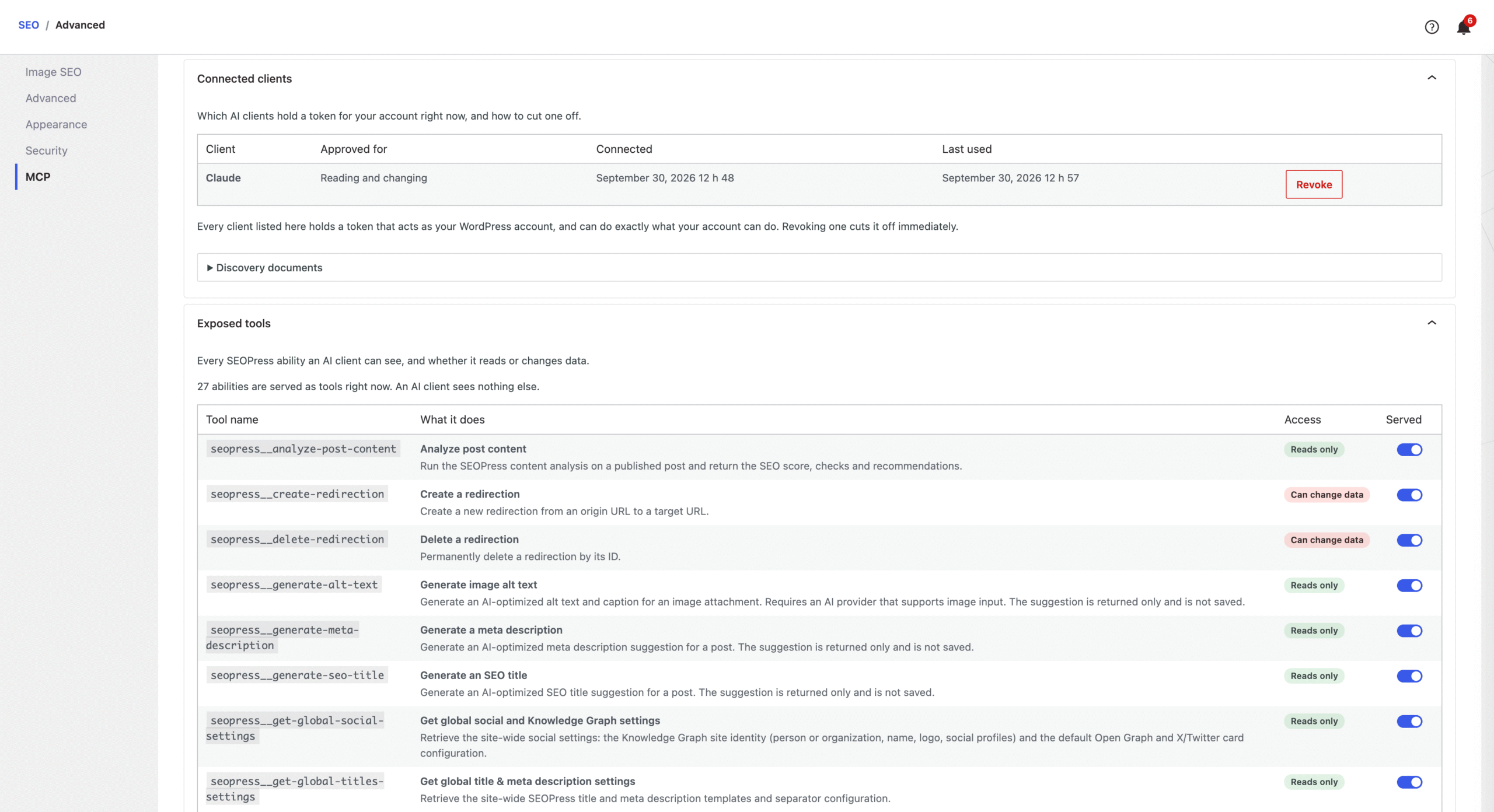 Contrôlez l'accès aux outils exposés via SEOPress MCP