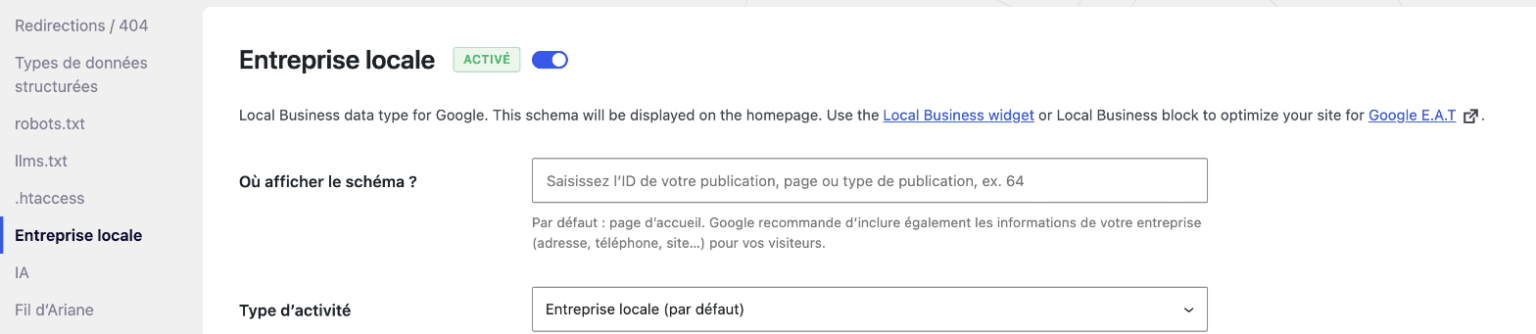 Réglages Entreprise locale dans SEOPress PRO