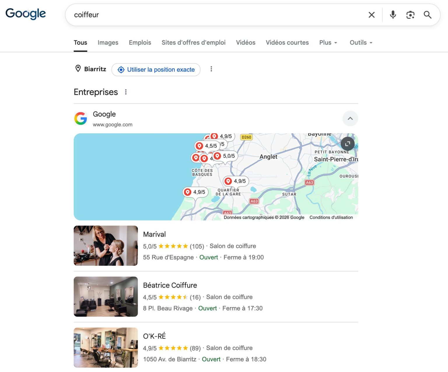 Résultats locaux Google pour une recherche « coiffeur » à Biarritz