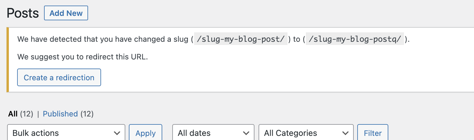 Notice on slug change to create a redirect with SEOPress PRO