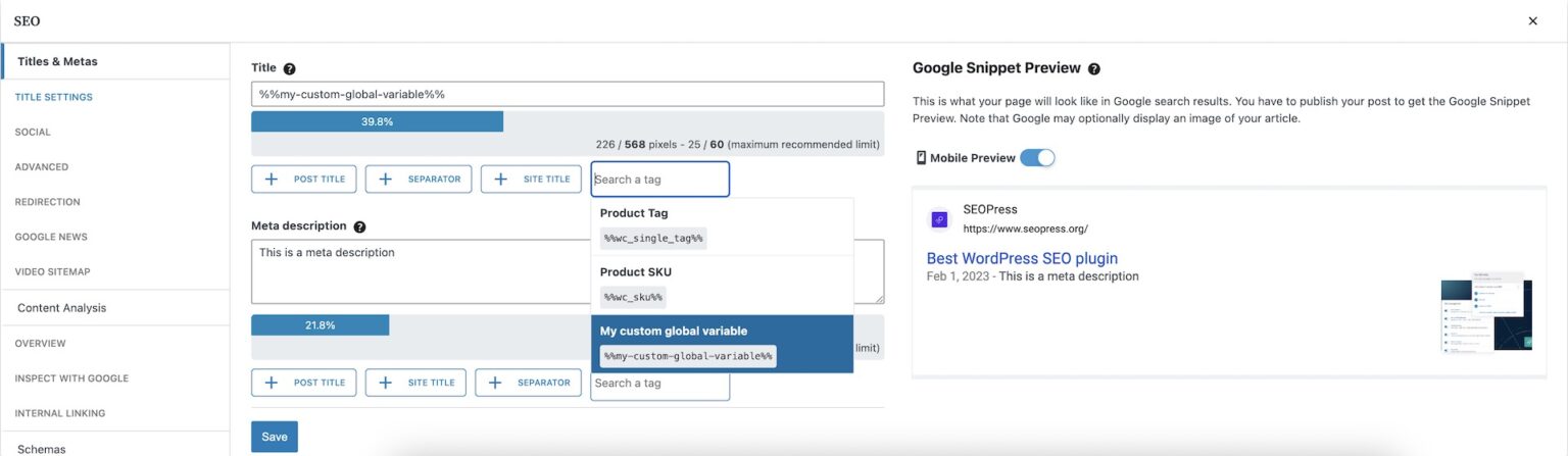 Create your custom dynamic variable for your meta title / description ...