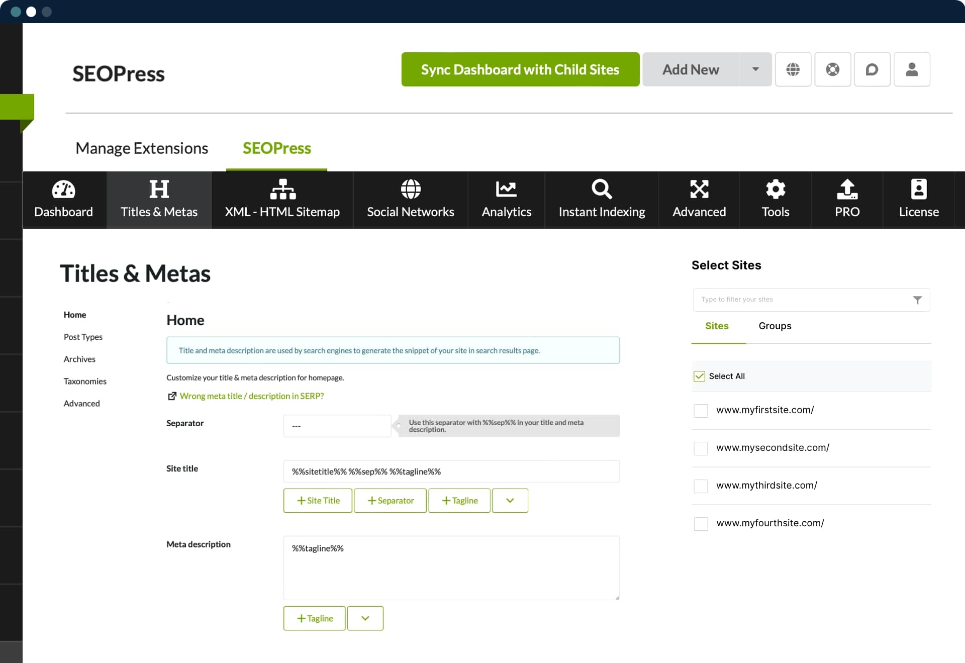 SEOPress for MainWP - Titles and metas settings