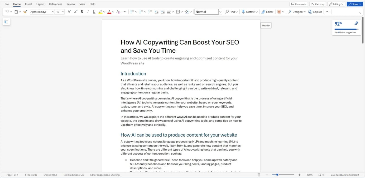 Copalt Writing AI writing generators, a test drive with SEOPress