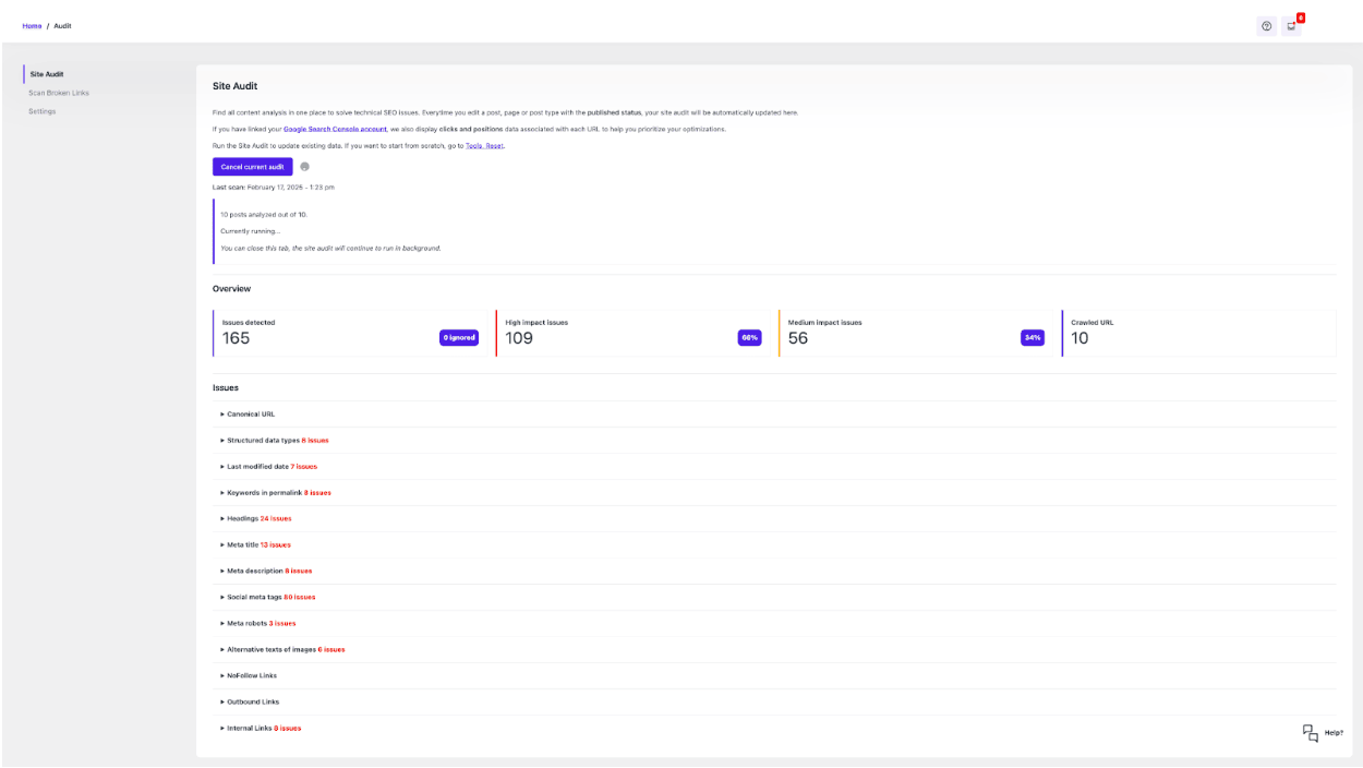 SEO audit tool: SEOPress PRO site audit interface