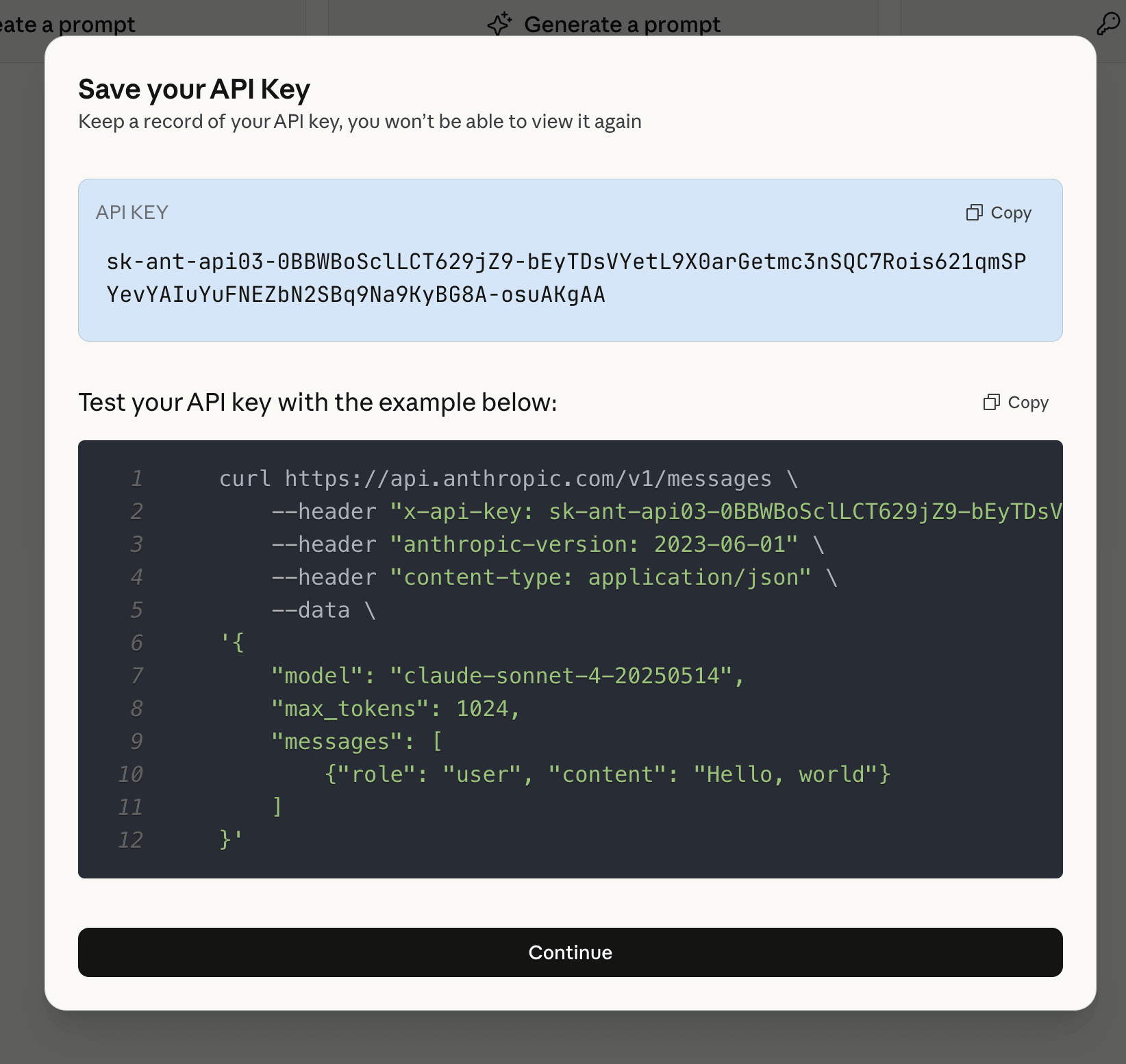 Copy your new Claude API key