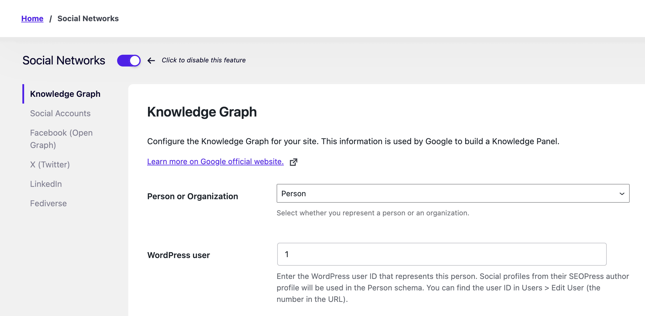 Use a WordPress user as the main author of the site - SEOPress