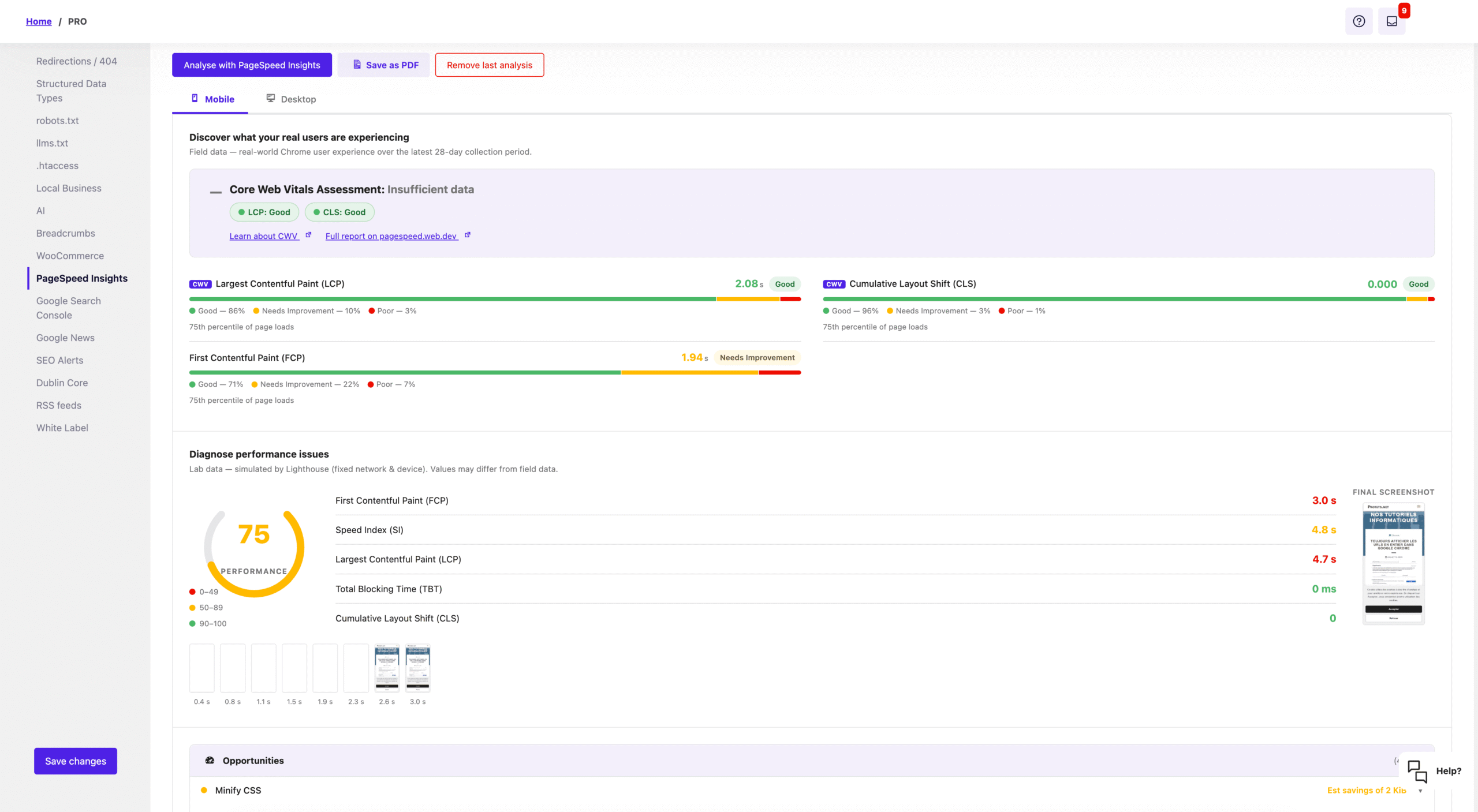 New UI for our Google Page Speed integration - SEOPress PRO