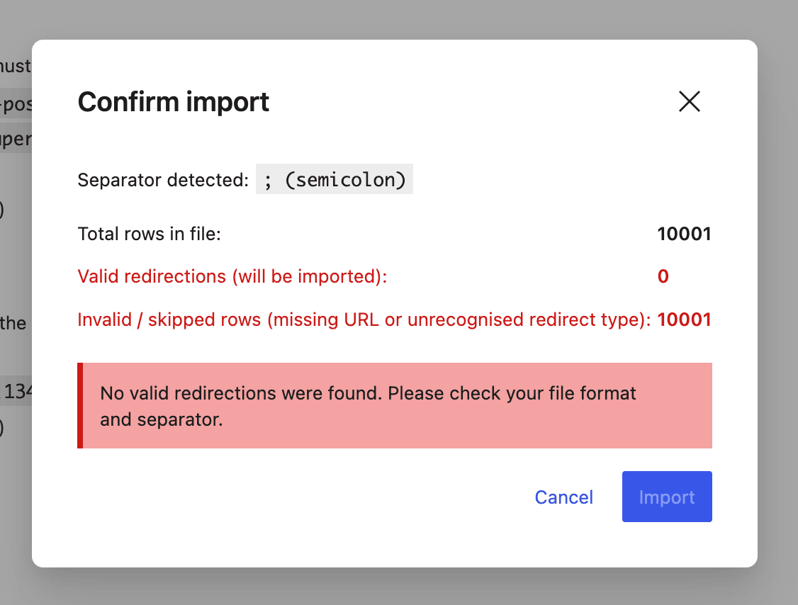 New modal during CSV redirect import to prevent any disasters - SEOPress PRO