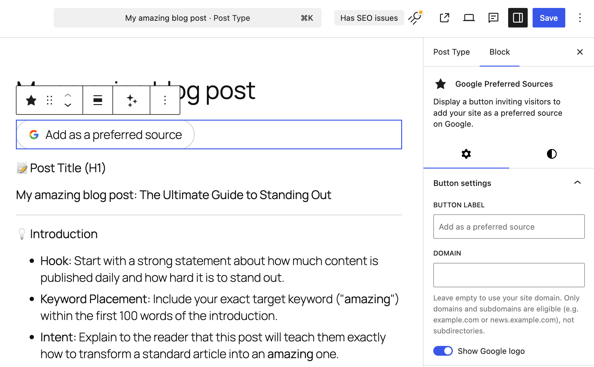 AI Agents, an AI Assistant, and Smarter WordPress SEO – SEOPress 10插图6 Google Preferred Source block settings - SEOPress