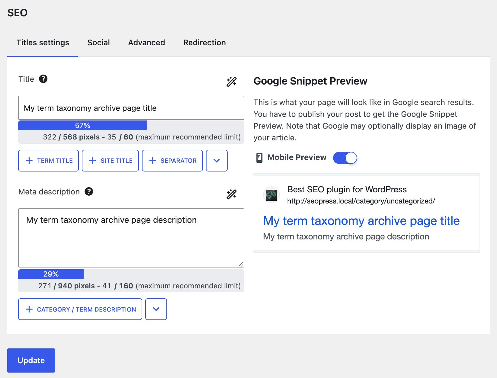Generate AI-powered SEO title tags and meta descriptions for taxonomy terms