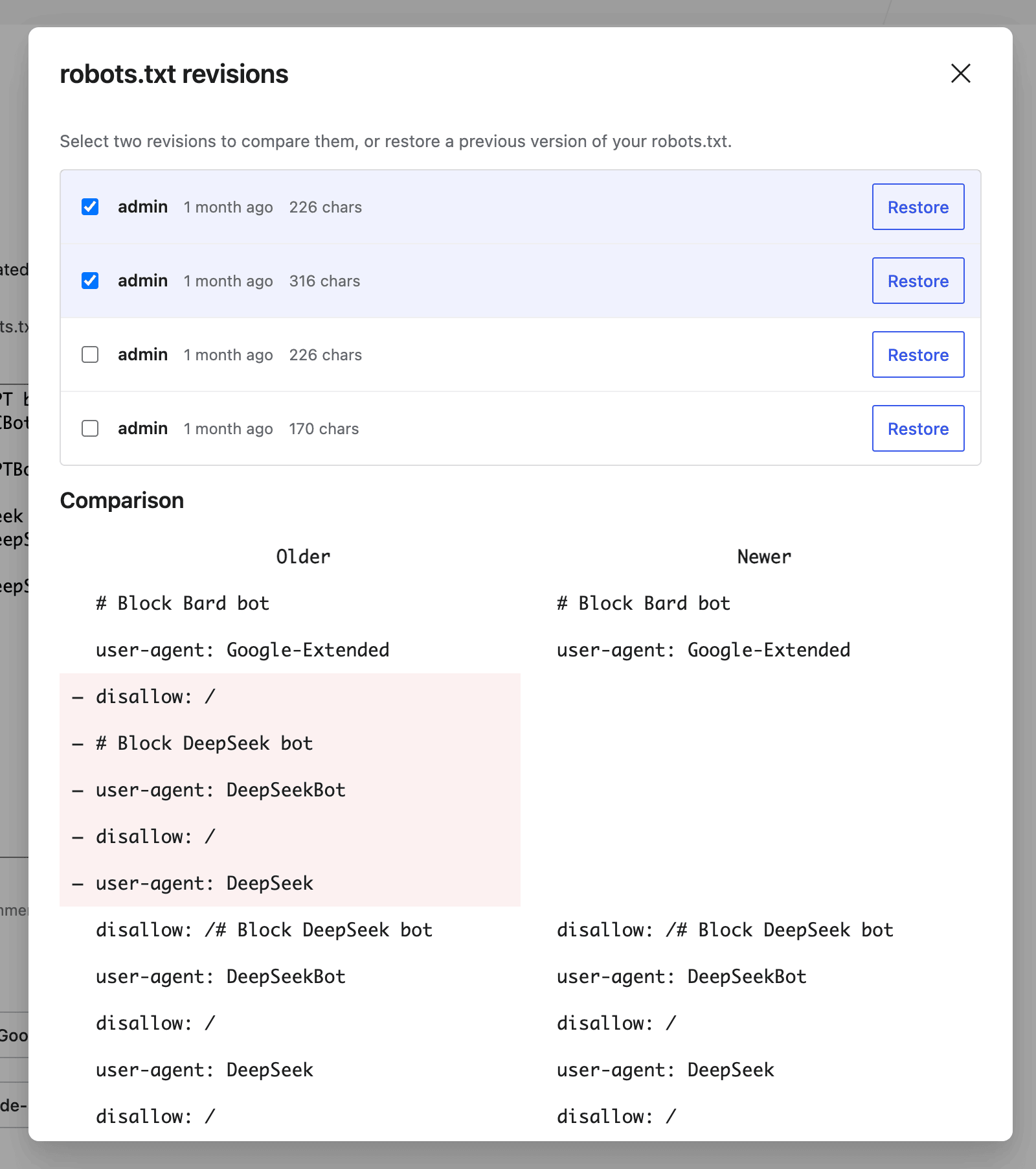 Revisions - robots.txt tab