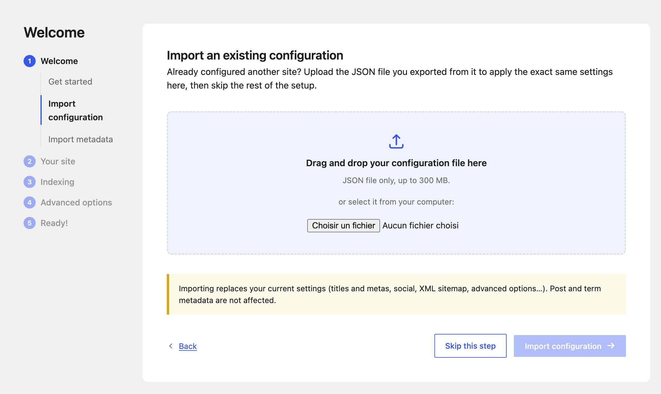 Import a configuration file directly from the SEOPress Wizard