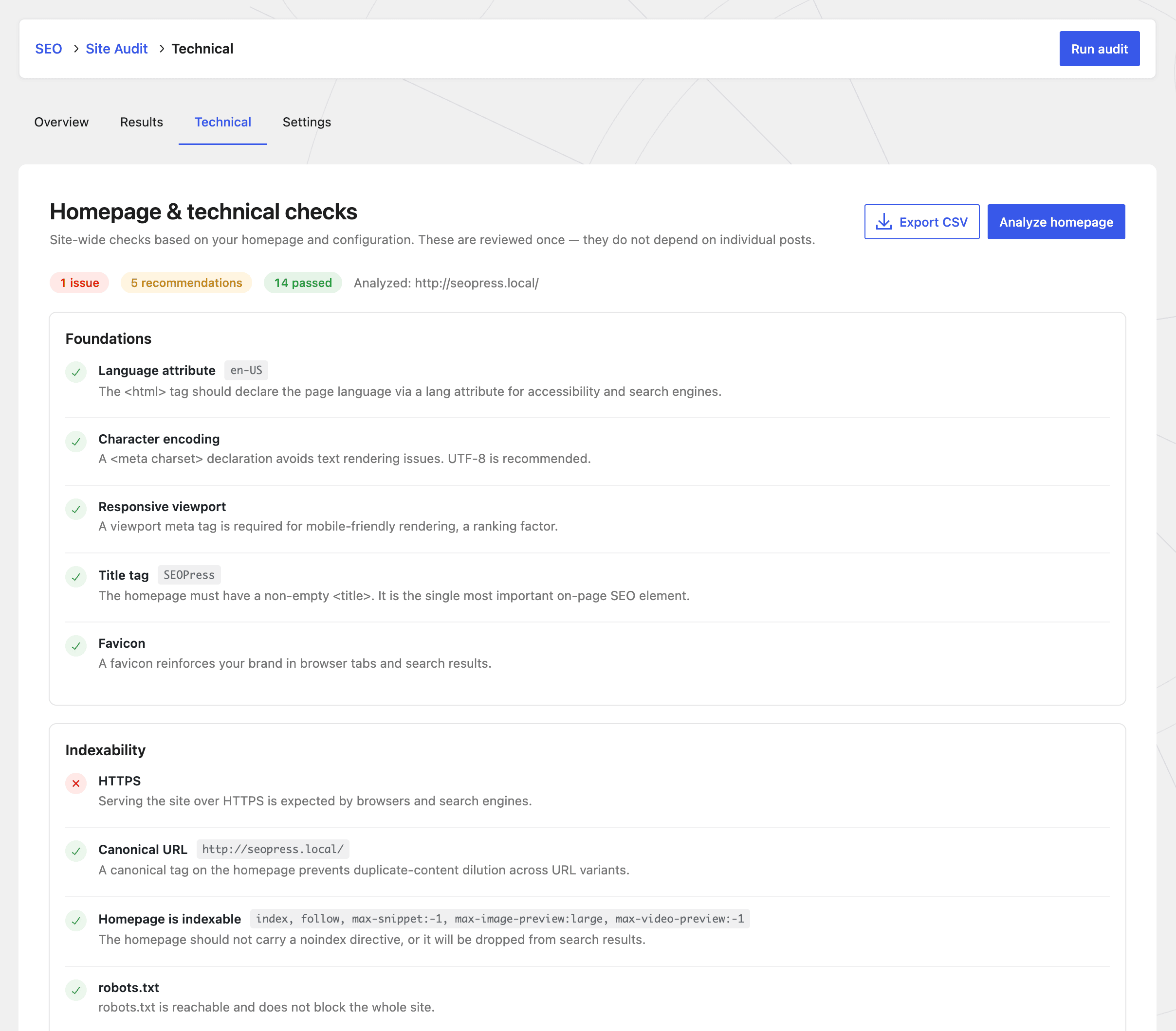Technical tab - Site Audit