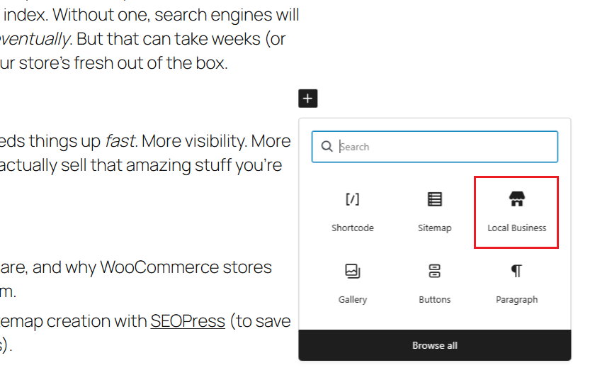 WordPress local SEO with SEOPress Local Business block editor