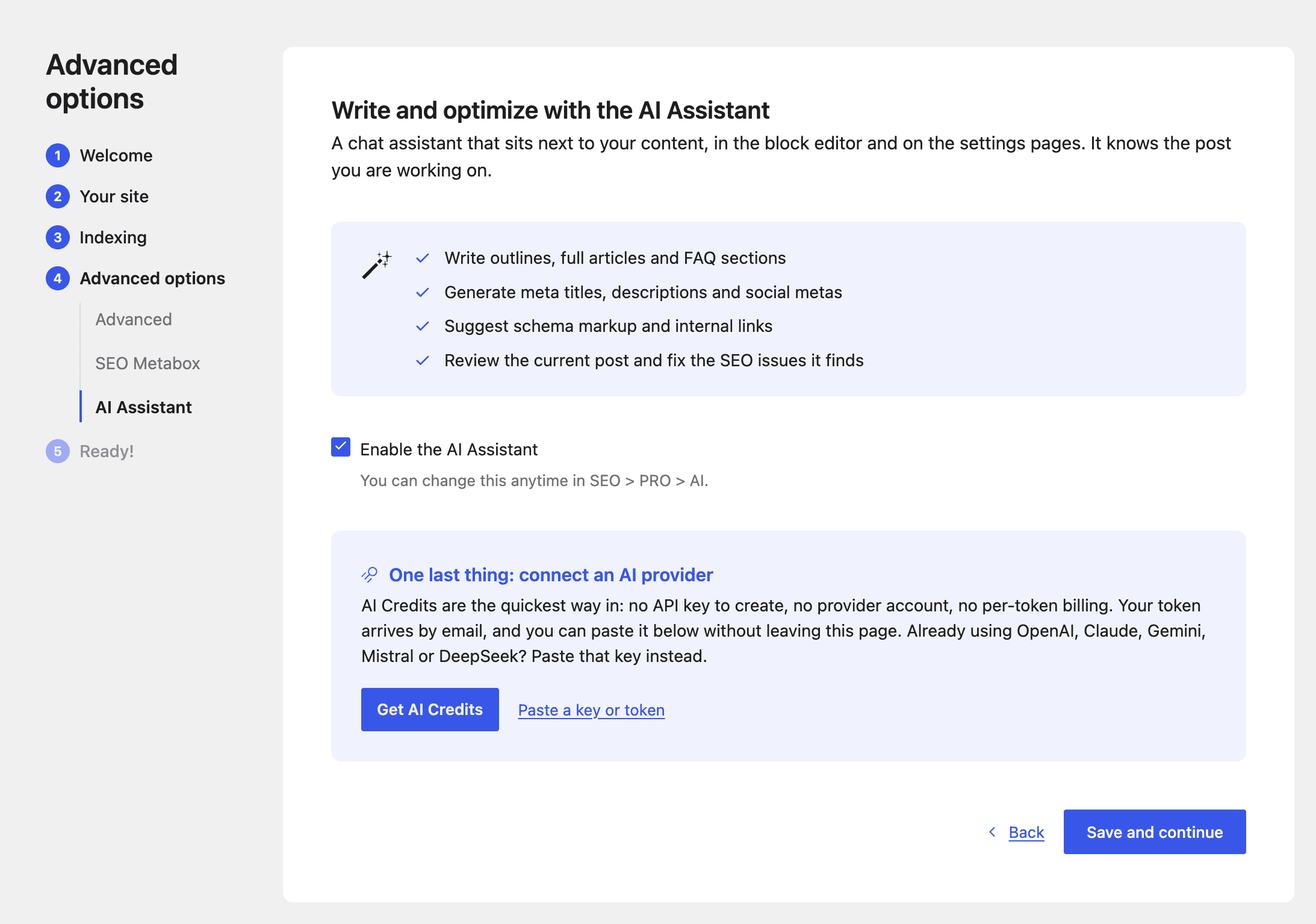 The new AI Assistant step in the SEOPress installation wizard