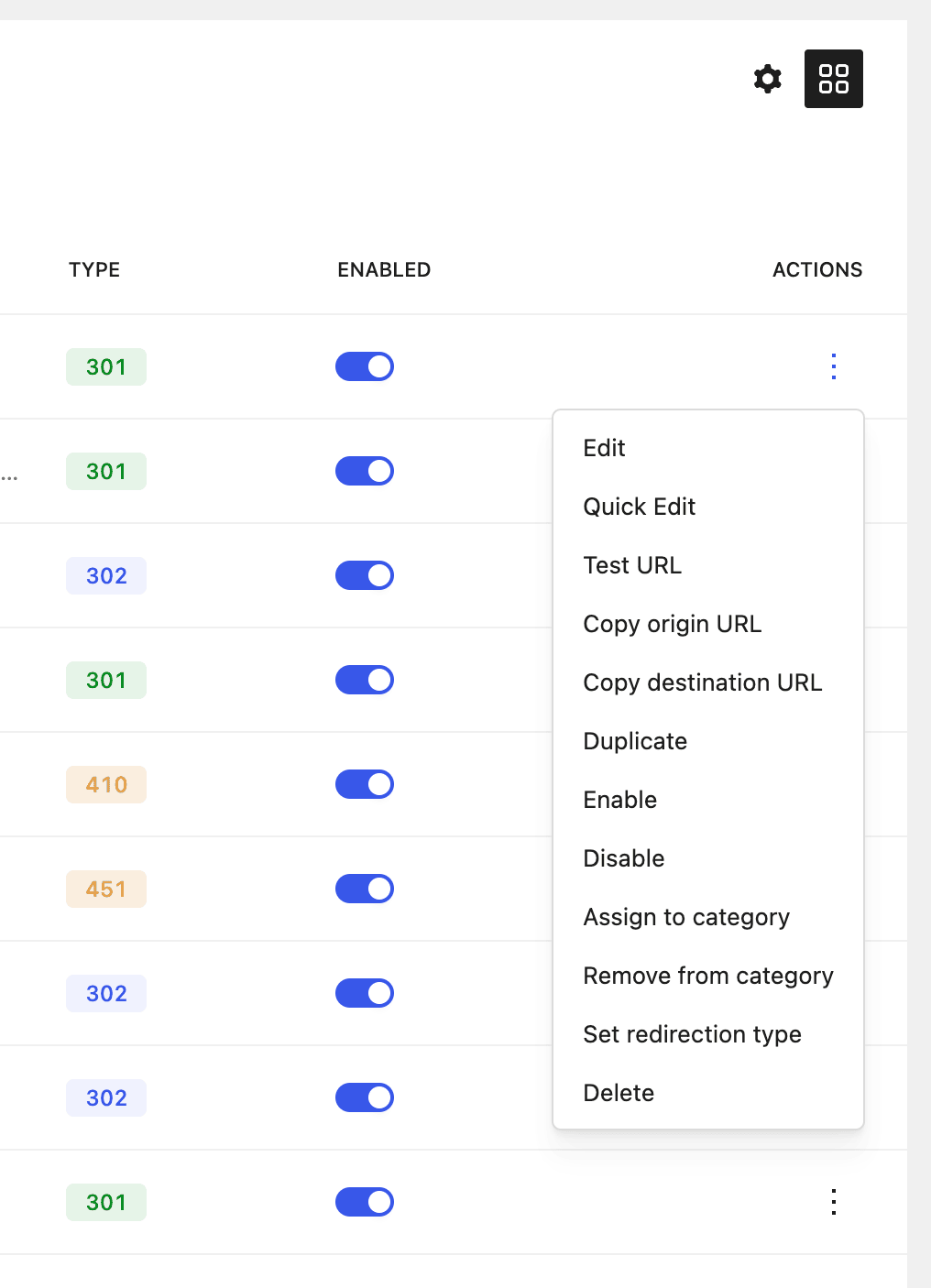 The "Test URL" row action in the redirections list - SEOPress PRO