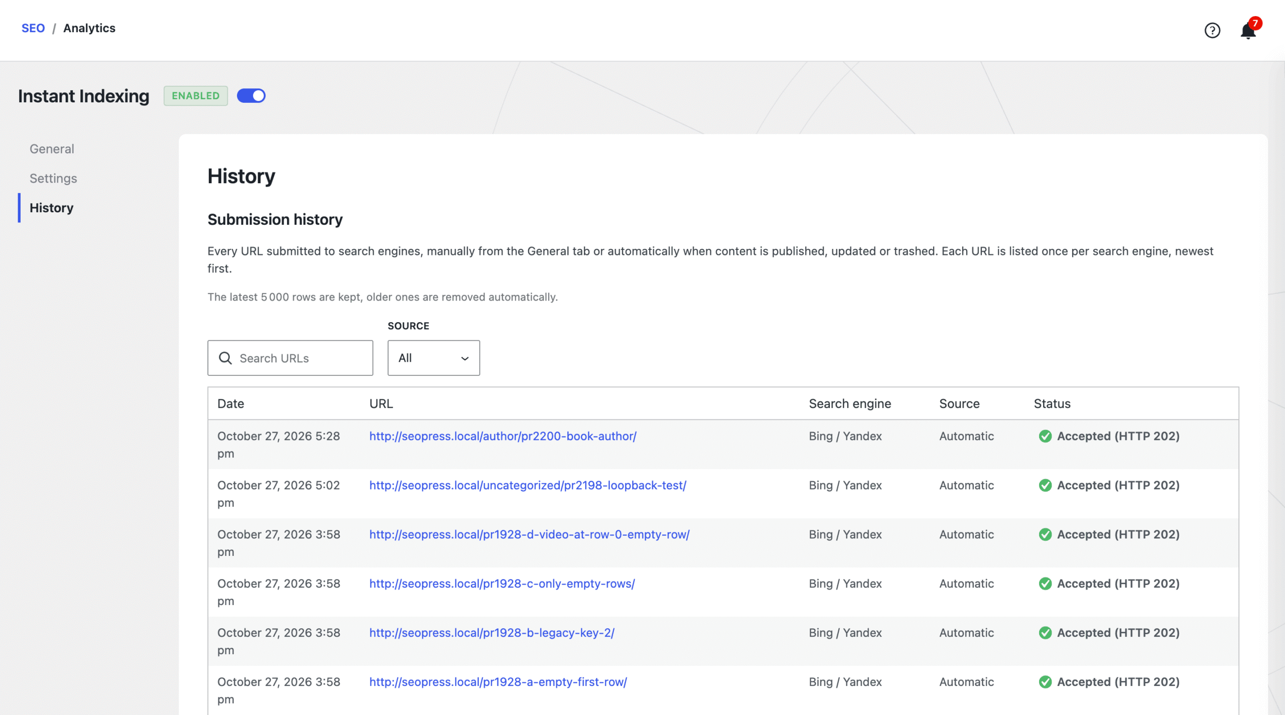 Instant indexing history - SEOPress