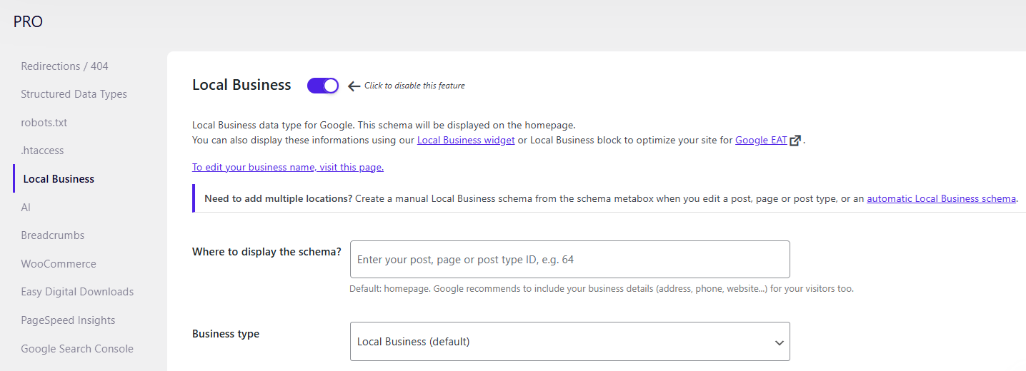 Local Business settings in SEOPress PRO